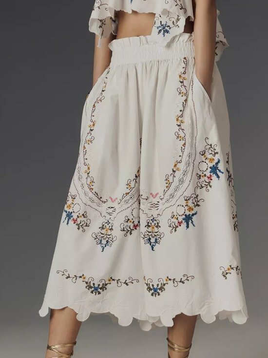 Anthropologie Pants - NWT Anthropologie Embroidered Culottes Sz M White Wide Leg Boho Scalloped Pants